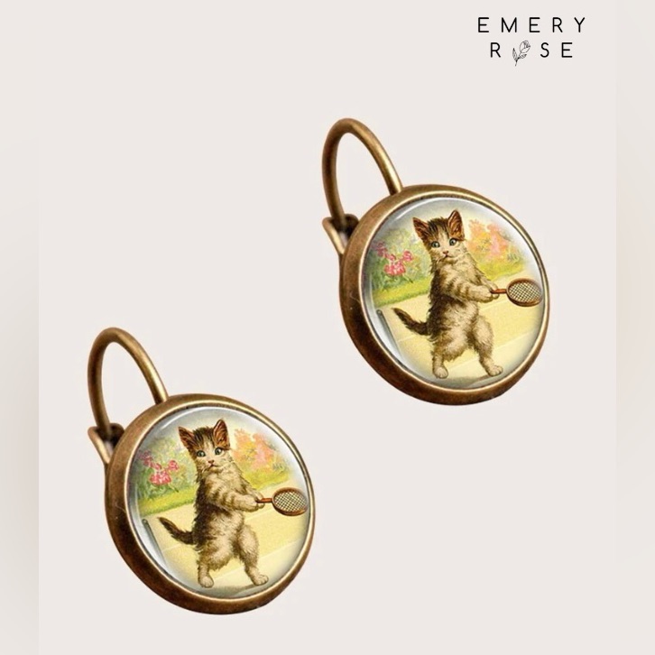 Vintage Style Cat Playing Tennis -Copper Earrings Nwt